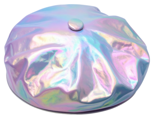 A holographic, iridescent beret with a small button on top