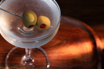 High contrast image of a vodka martini served up and chilled.