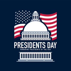 Presidents Day Logo Design with USA Flag and White House Illustration.