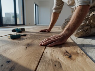Person Installing Wooden Flooring in Bright Renovated Room with Sunlight Streaming In