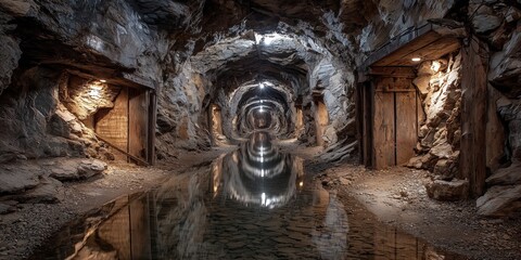 Mysterious Underground Mine Passage with Water Reflection and Stone Walls
