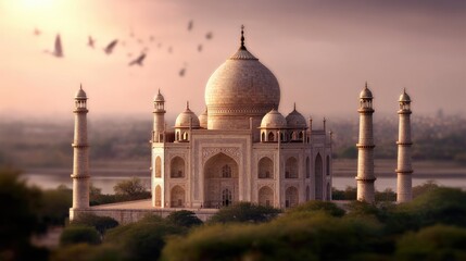 Fototapeta premium Majestic Taj Mahal Reflection at Sunrise Surrounded by Scenic Landscapes and Birds in Flight