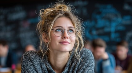 Young Woman with Glasses in Thoughtful Pose against a Classroom Background