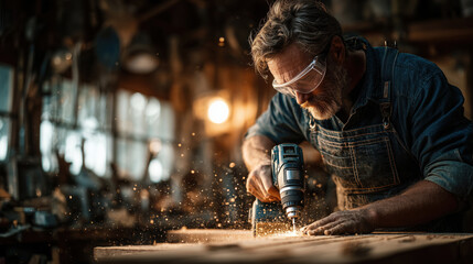 Craftsman Using Power Drill in Woodworking Workshop with Sparks Flying Around Him