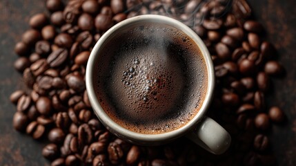 Freshly Brewed Coffee in a White Mug Surrounded by Dark Roasted Coffee Beans