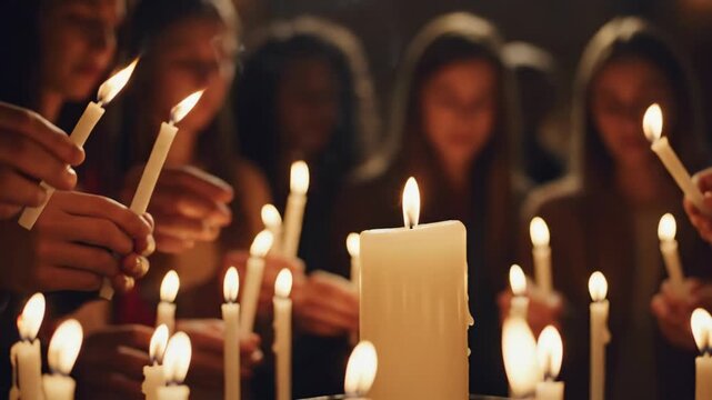 Memorial Candle Lighting Ceremony - A group of people are lighting memorial candles together at a spiritual healing ceremony.