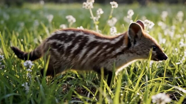 Small spotted genet walking through a field of green grass and white flowers in the warm sunlight.