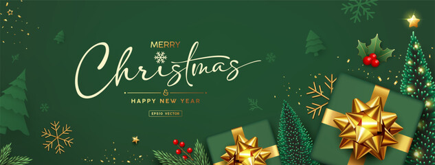 Merry christmas and Happy new year 2026, gift box green color gold ribbon, christmas ornaments, banner design on green background