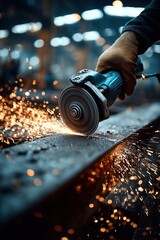Worker Using Angle Grinder with Sparks Flying in Workshop Environment