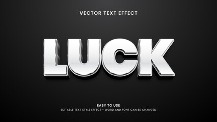Shiny metallic 3D text effect displaying the word luck, with silver beveled letters on a dark gradient background, showcasing a modern editable vector typography style. © cuplis design