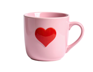 Pink ceramic mug with a red heart. White background