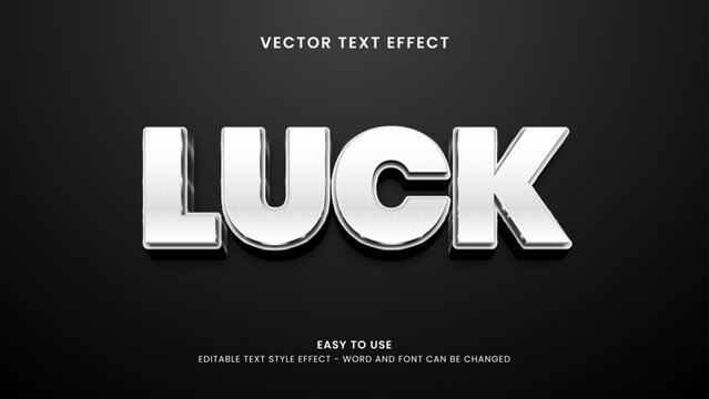Shiny metallic 3D text effect displaying the word luck, with silver beveled letters on a dark gradient background, showcasing a modern editable vector typography style.