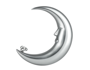 Shiny, metallic crescent moon with a face and small cloud on black