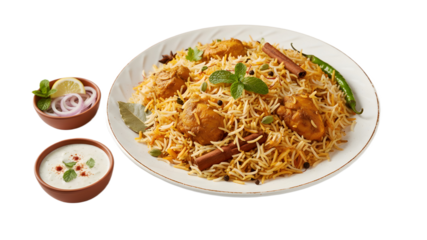 Plate of Chicken Biryani with Raita and Onion Salad on White Background