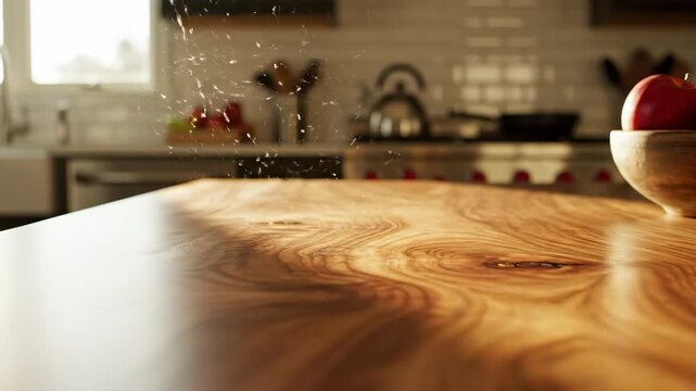 Wooden Countertop with Apples - A close-up shot showcases the grain pattern of a wooden kitchen countertop illuminated by natural light. A bowl of red apples sits on the corner of the counter.