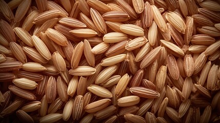 Close-Up View of Raw Uncooked Brown Rice Grains on Dark Background with Natural Texture