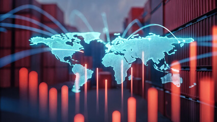 Global logistics and supply chain network visualization with digital world map and shipping containers