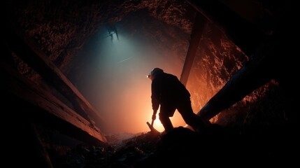 Miner Exploring Abandoned Cave with Headlamp and Ax Illuminating Dark Underground Scene