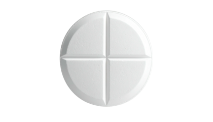 Round, white medication tablet with a cross-shaped indentation, dark background