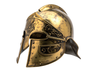 Detailed, golden helmet; ornate designs; isolated on a black backdrop