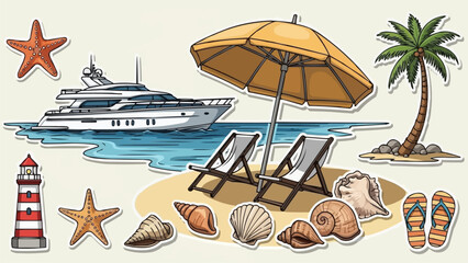 Obraz premium Tropical Beach Vacation Scene with Yacht and Beach Chairs.
