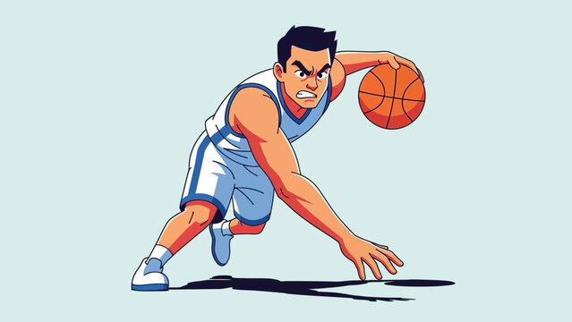 Determined basketball player in athletic uniform dribbling a ball on a court, capturing intense game action and skill. - Powered by Adobe