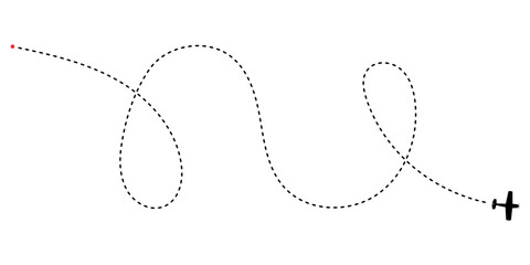 Small black airplane icon traces a whimsical dotted flight path across a clean white backdrop illustrating travel and directional movement