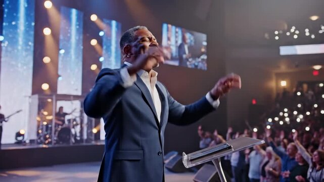 Charismatic Preacher Leading Church Service - This video depicts a man, dressed in a suit, passionately preaching during a protestant church service.