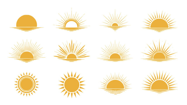 Sun color icons collection. Sunset/sunrise set of icons of logos. Vector illustrations. Transparent background SVG version.