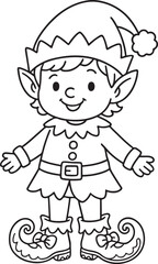 Cheerful elf character in festive attire with pointed hat and curled shoes, standing with arms open, embodying the spirit of Christmas and holiday joy, perfect for winter-themed designs