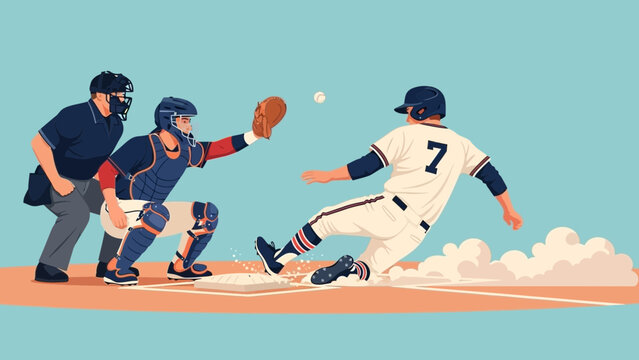Baseball catcher attempts to tag a runner sliding into home plate during a dynamic game
