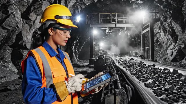 Mining Engineer Inspecting Coal Mine Operation - A female mining engineer inspects a coal mine operation using a tablet, wearing a hard hat and safety vest.