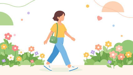 Person Walking in Spring Garden with Blooming Flowers Flat Illustration