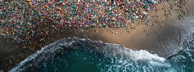Aerial View of Beach Covered with Colorful Plastic Waste and Ocean Waves Meeting Shoreline