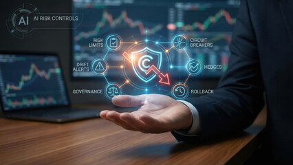 AI risk controls concept with business person holding digital shield icon and financial chart on laptop screen in office