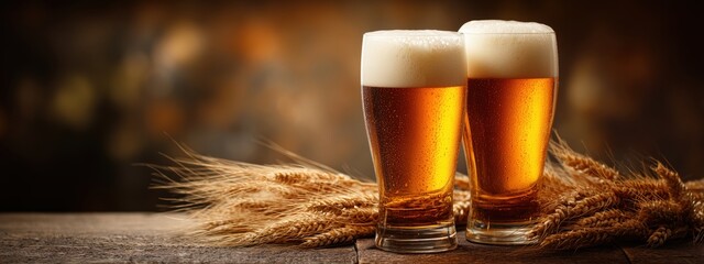 Refreshing Golden Beers in Glasses Surrounded by Wheat Ears on Rustic Wooden Table