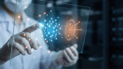 Artificial intelligence risk controls concept with scientist hand interacting with futuristic digital neural network interface