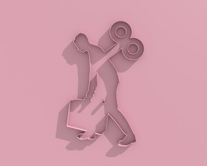 Emotional burnout. Sad and weary businessman walking. A winding key sticks out of his back. Control manipulation and marionette concept. Tired character with slumped shoulders. 3D render