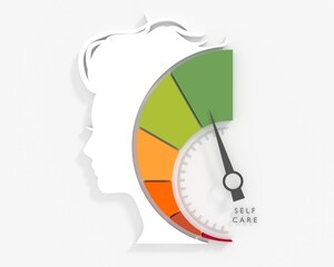 Mental health and psychotherapy concept. Brain development. Measuring device with young woman face silhouette. 3D render