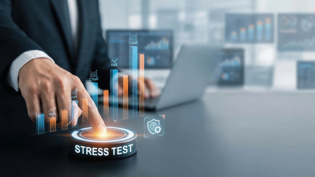 Stress test concept with ai risk controls in business finance showing person pressing button with graphs and laptop in background