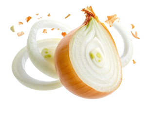 Halved bulb and rings of onion. Small pieces float