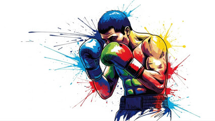 Vibrant illustration of a boxer in a defensive slip pose on an isolated white background with colorful paint splashes