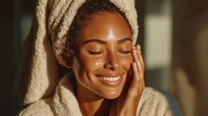 Relaxed Woman Smiling with Towel in Sunlit Spa Environment