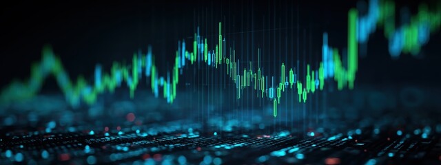 Business Data Visualization with Green and Blue Line Graph on Dark Background in Digital Format