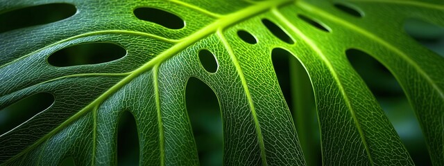 Close-up View of Lush Tropical Leaf with Intricate Patterns and Vibrant Green Colors