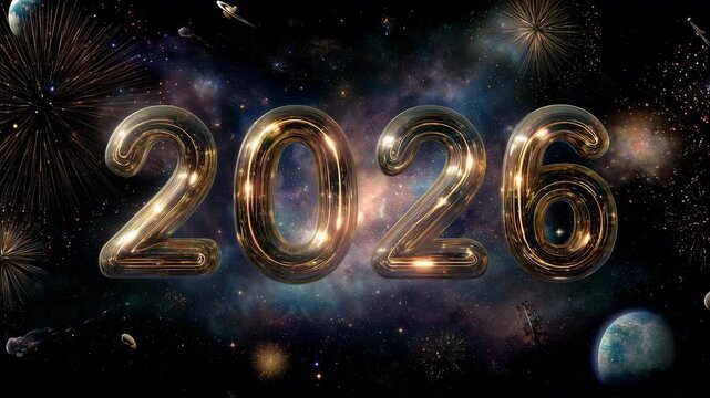 宇宙の花火に包まれる中央の2026のイメージ
