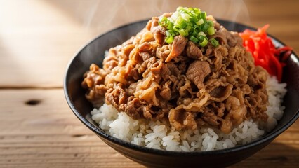 Delicious Japanese Gyudon Beef Bowl with Rice and Pickled Ginger on Wooden Table.