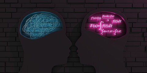 Metaphor bipolar disorder mind mental. Split personality. Concept mood disorder. Two head silhouette. Psychology and mental health. Dual personality concept. Tangle and untangle. 3D render