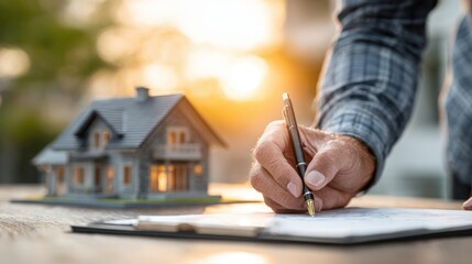 Hand Holding Pen Writing on Paper with Model House in Background