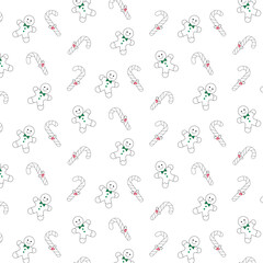 Christmas pattern featuring cheerful gingerbread men and candy canes on a white background, perfect for holiday-themed designs and festive decorations with copy space